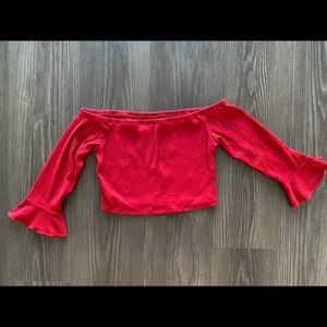 Red Crop Top w/ Quarter Flounce Sleeve | Ribbed